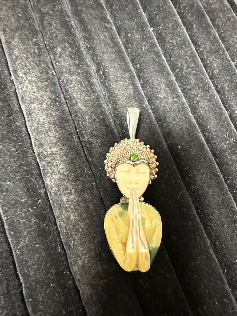 Praying Buddha Pendant Necklace in Green and Cream
